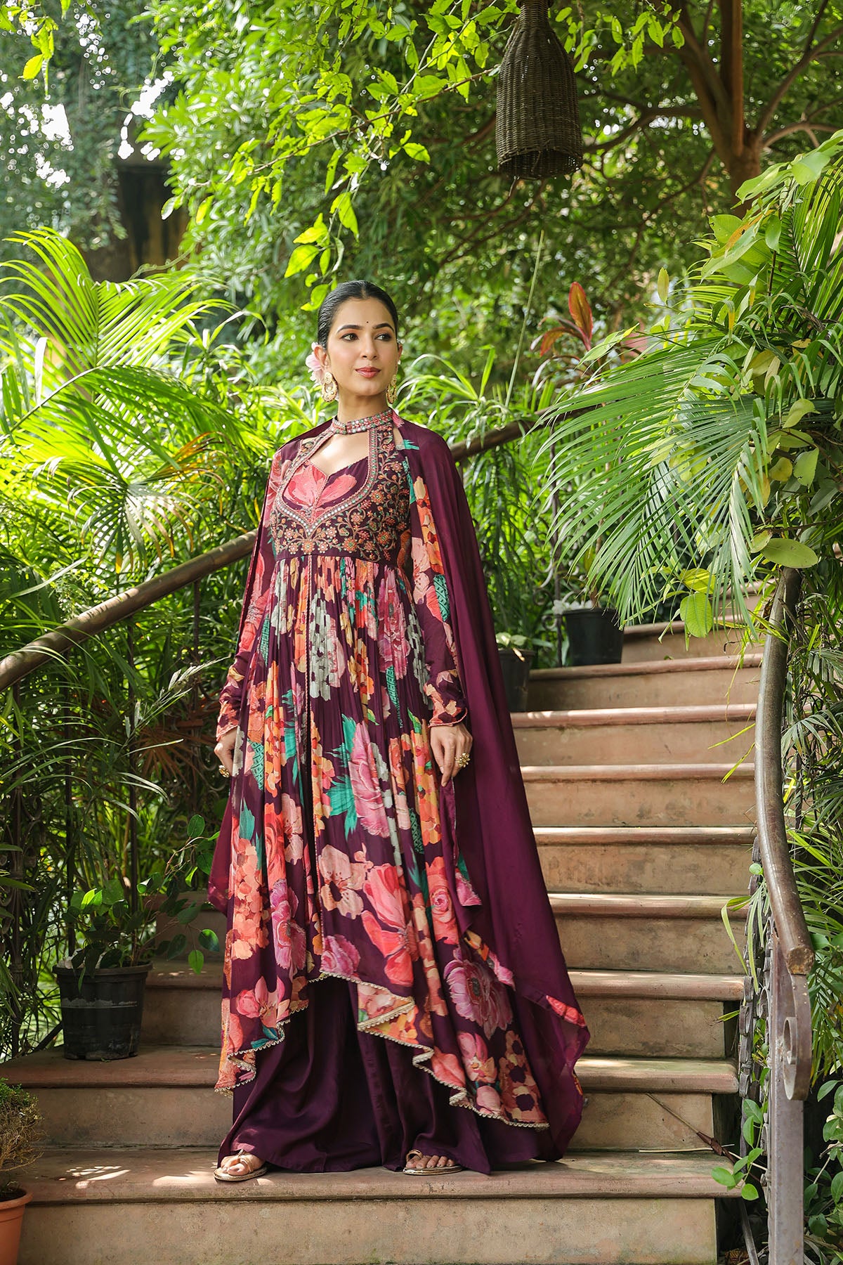 Maroon Floral Chinon Embroidered Anarkali Suit