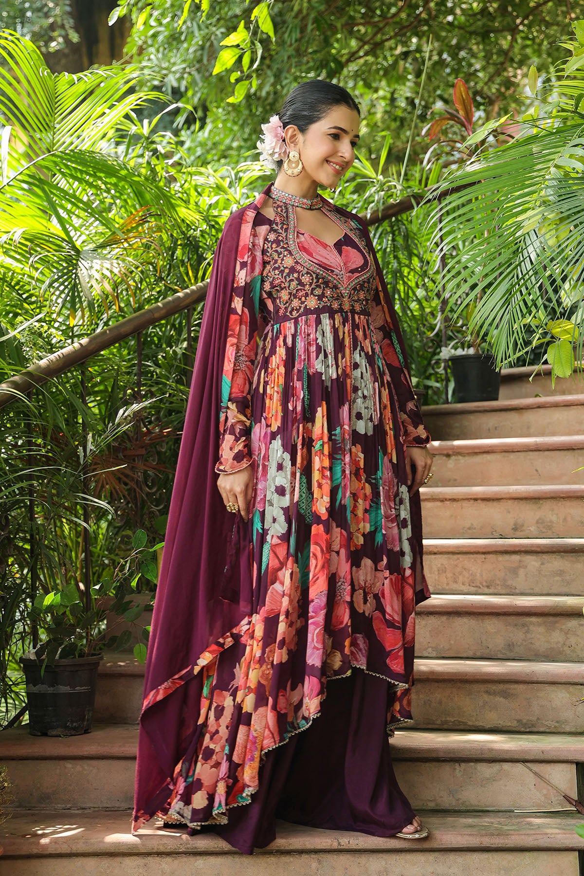 Maroon Floral Chinon Embroidered Anarkali Suit