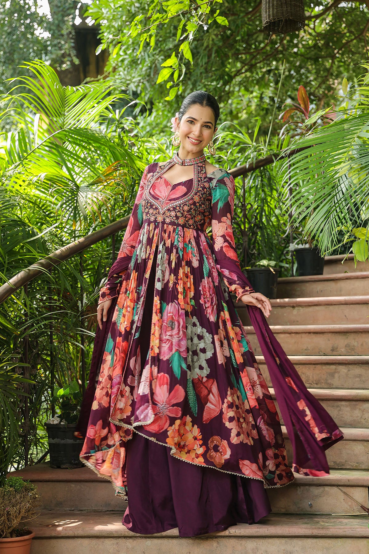 Maroon Floral Chinon Embroidered Anarkali Suit