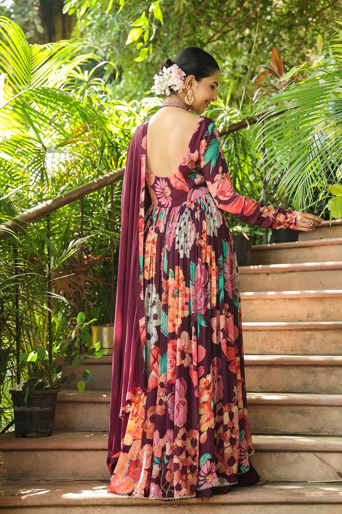 Maroon Floral Chinon Embroidered Anarkali Suit