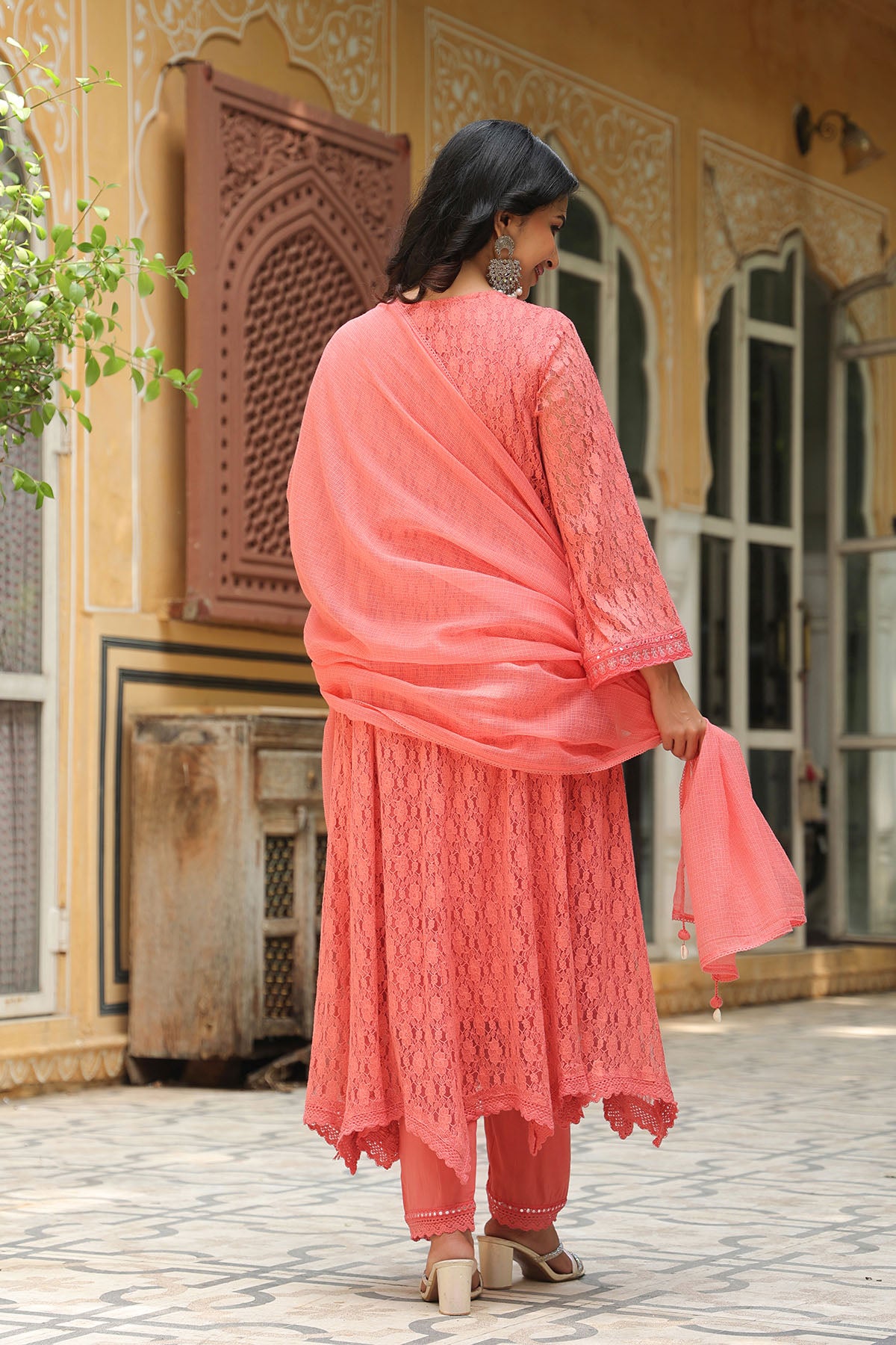 Rust Orange Schiffli Net Embroidered Anarkali Suit