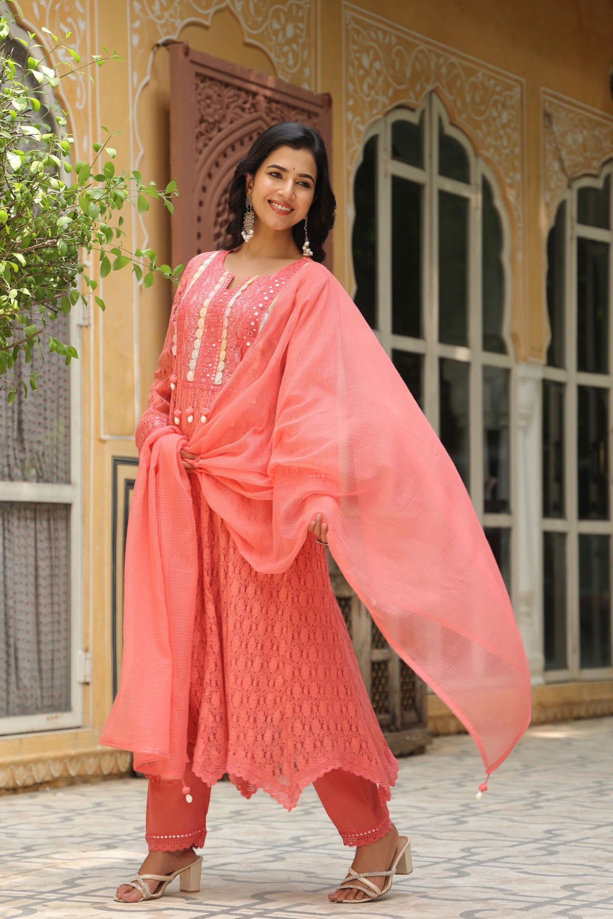 Rust Orange Schiffli Net Embroidered Anarkali Suit