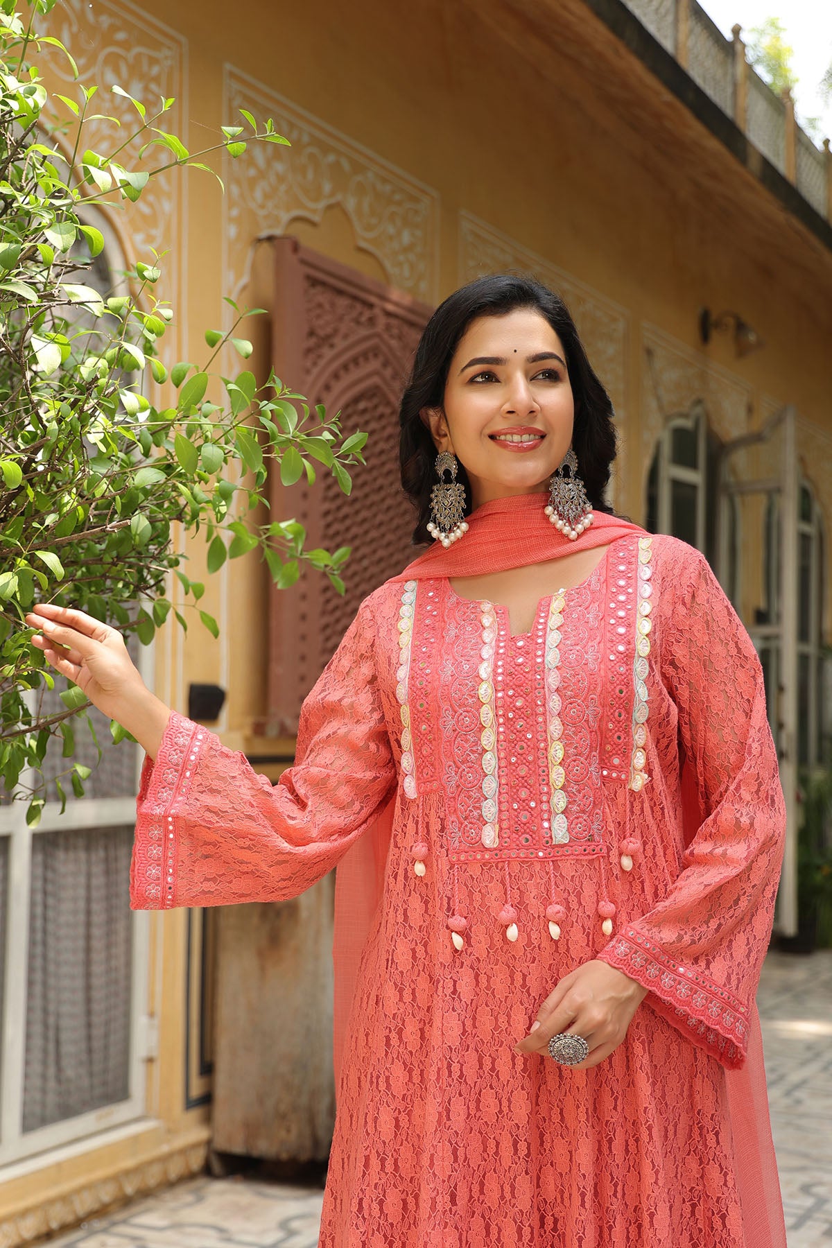 Rust Orange Schiffli Net Embroidered Anarkali Suit