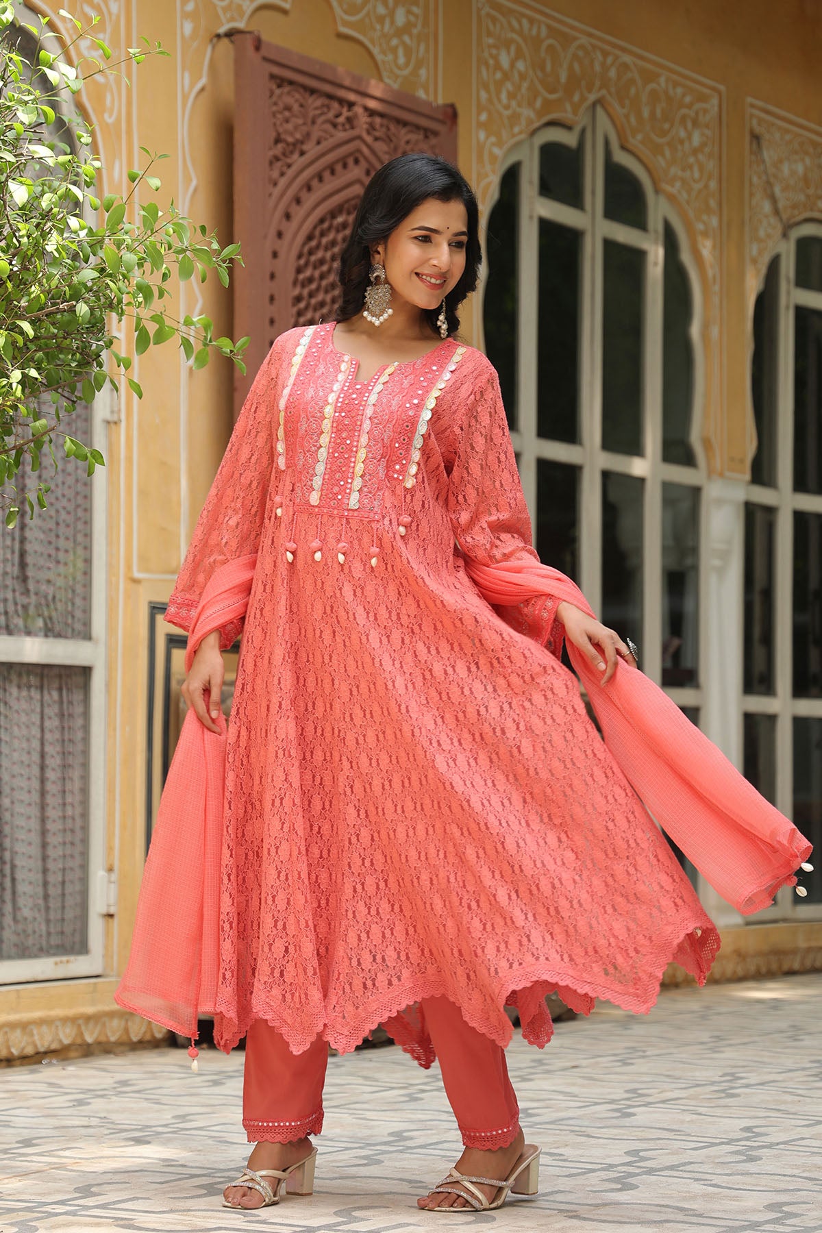 Rust Orange Schiffli Net Embroidered Anarkali Suit