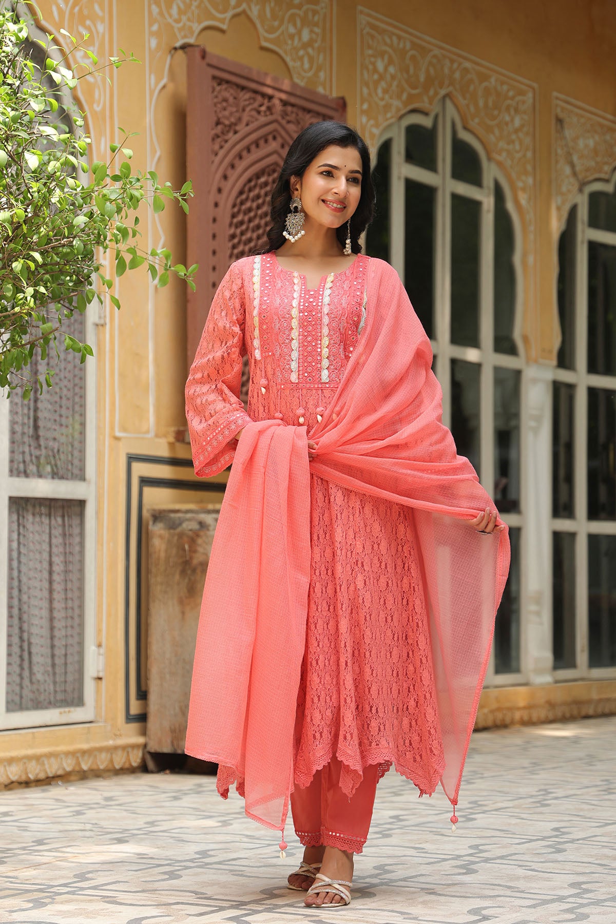 Rust Orange Schiffli Net Embroidered Anarkali Suit