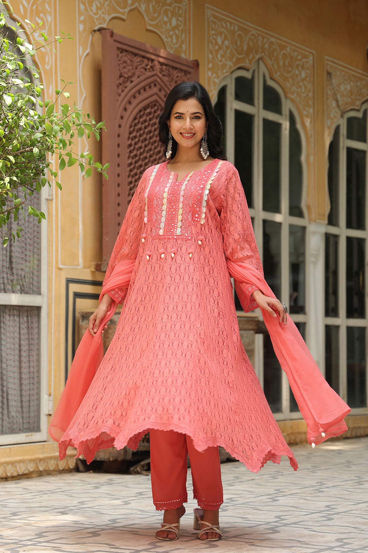 Rust Orange Schiffli Net Embroidered Anarkali Suit