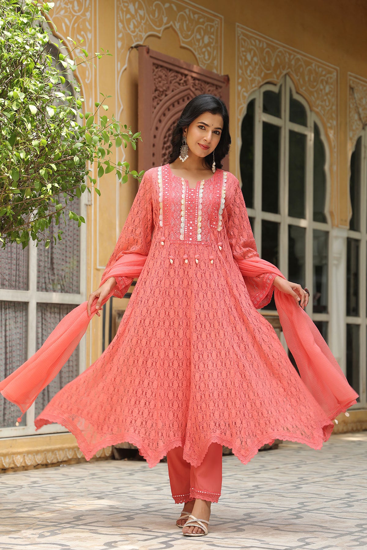 Rust Orange Schiffli Net Embroidered Anarkali Suit