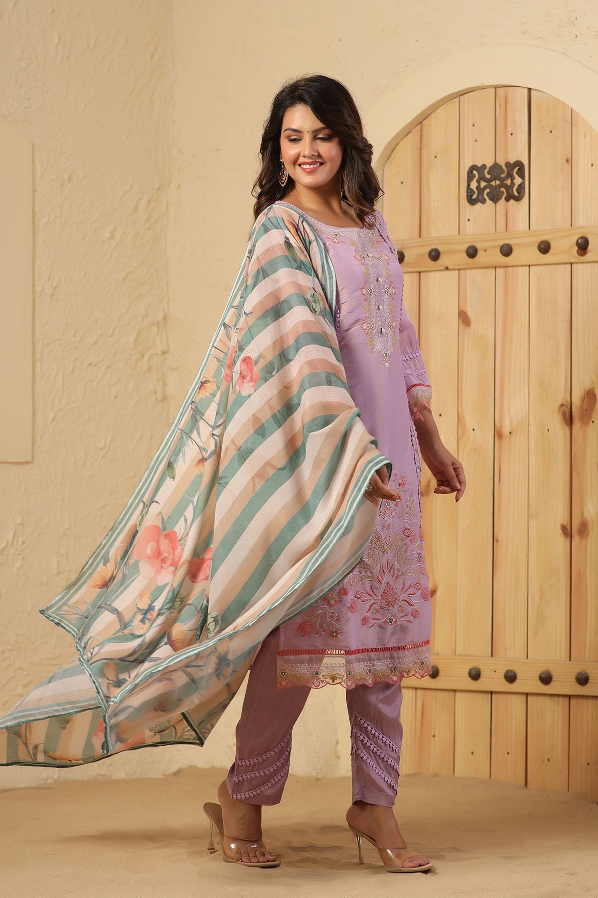 Lavender Shimmer Embroidered Straight Suit