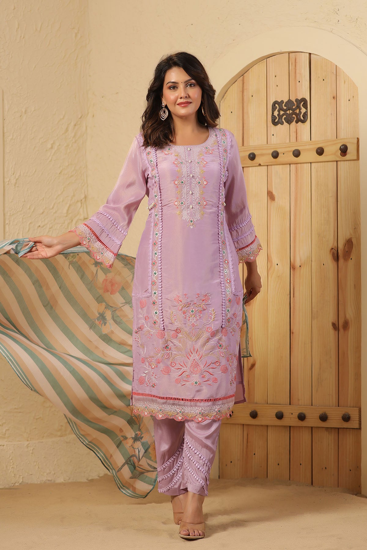 Lavender Shimmer Embroidered Straight Suit