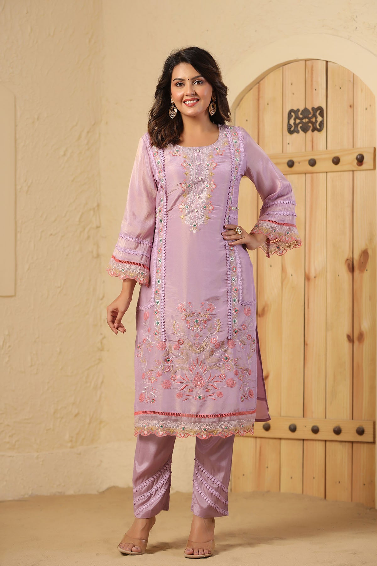 Lavender Shimmer Embroidered Straight Suit