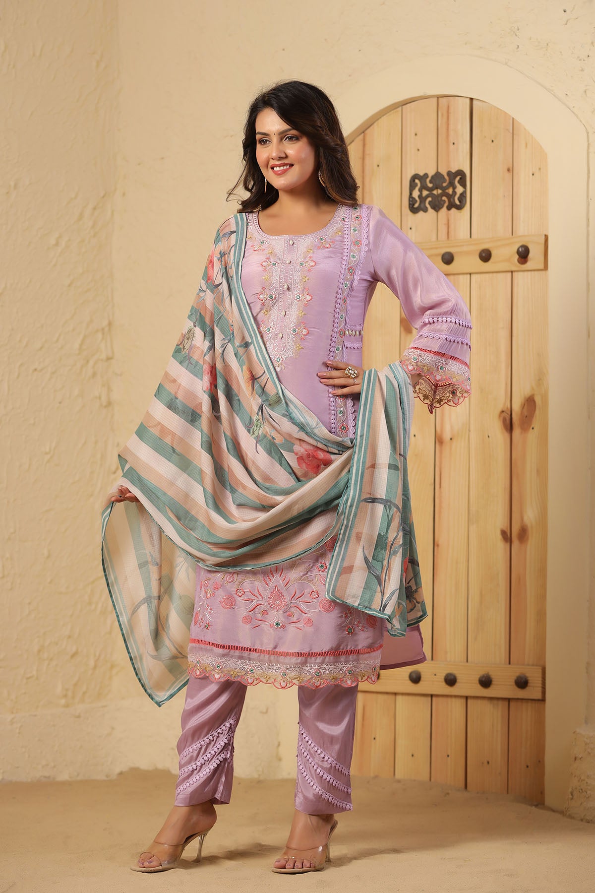 Lavender Shimmer Embroidered Straight Suit