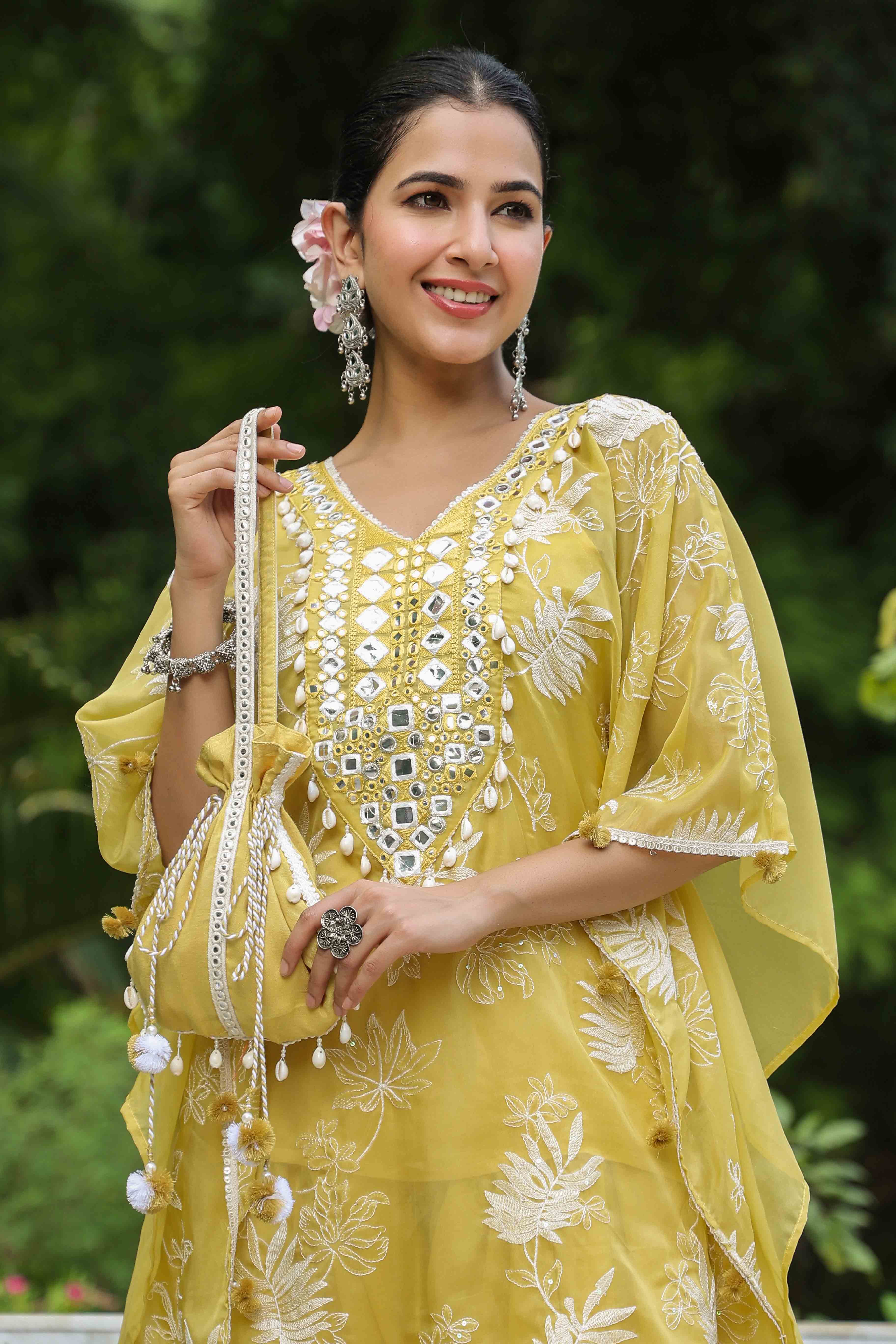 Mustard Organza Embroidered Kaftan Set With Potli Bag