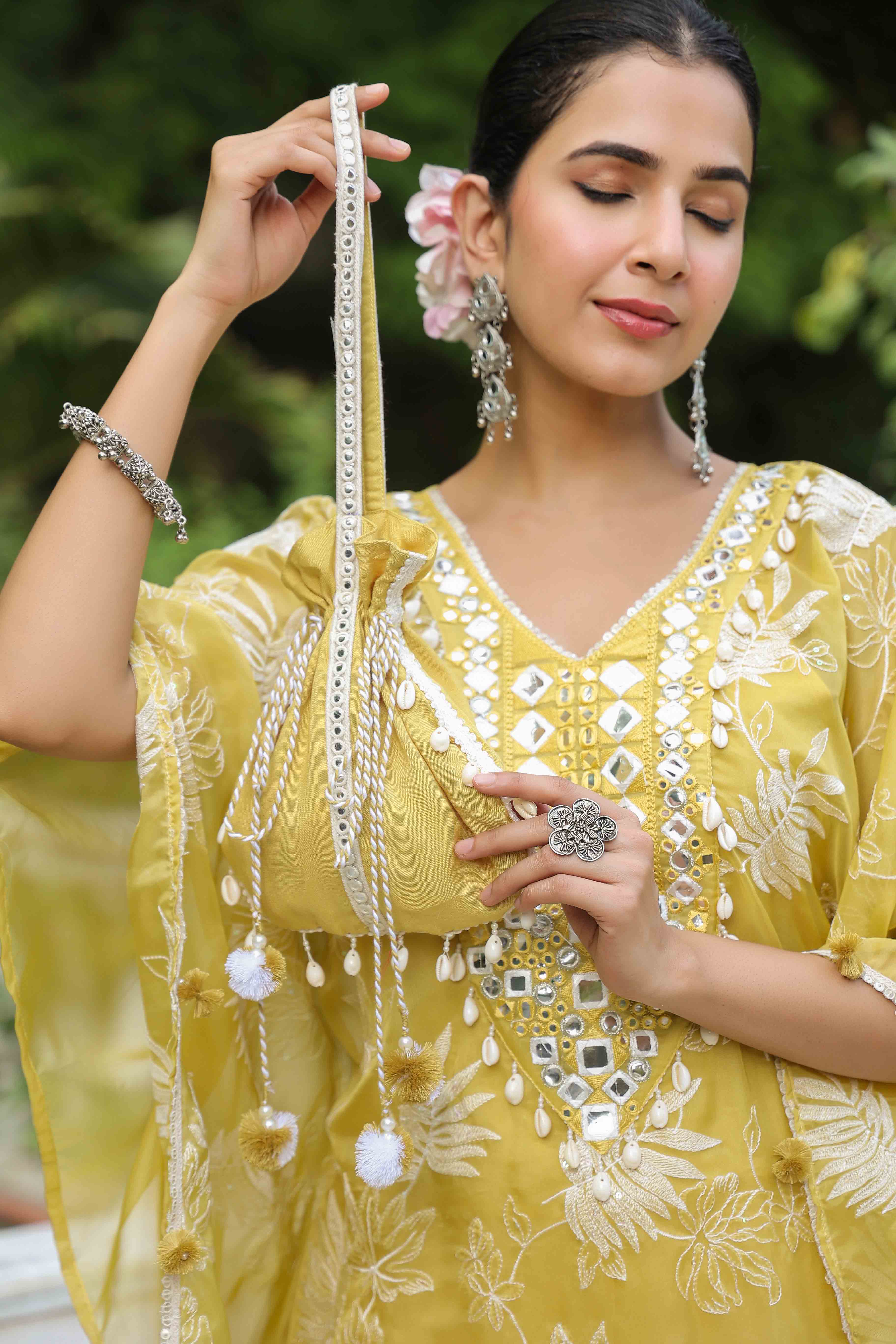 Mustard Organza Embroidered Kaftan Set With Potli Bag