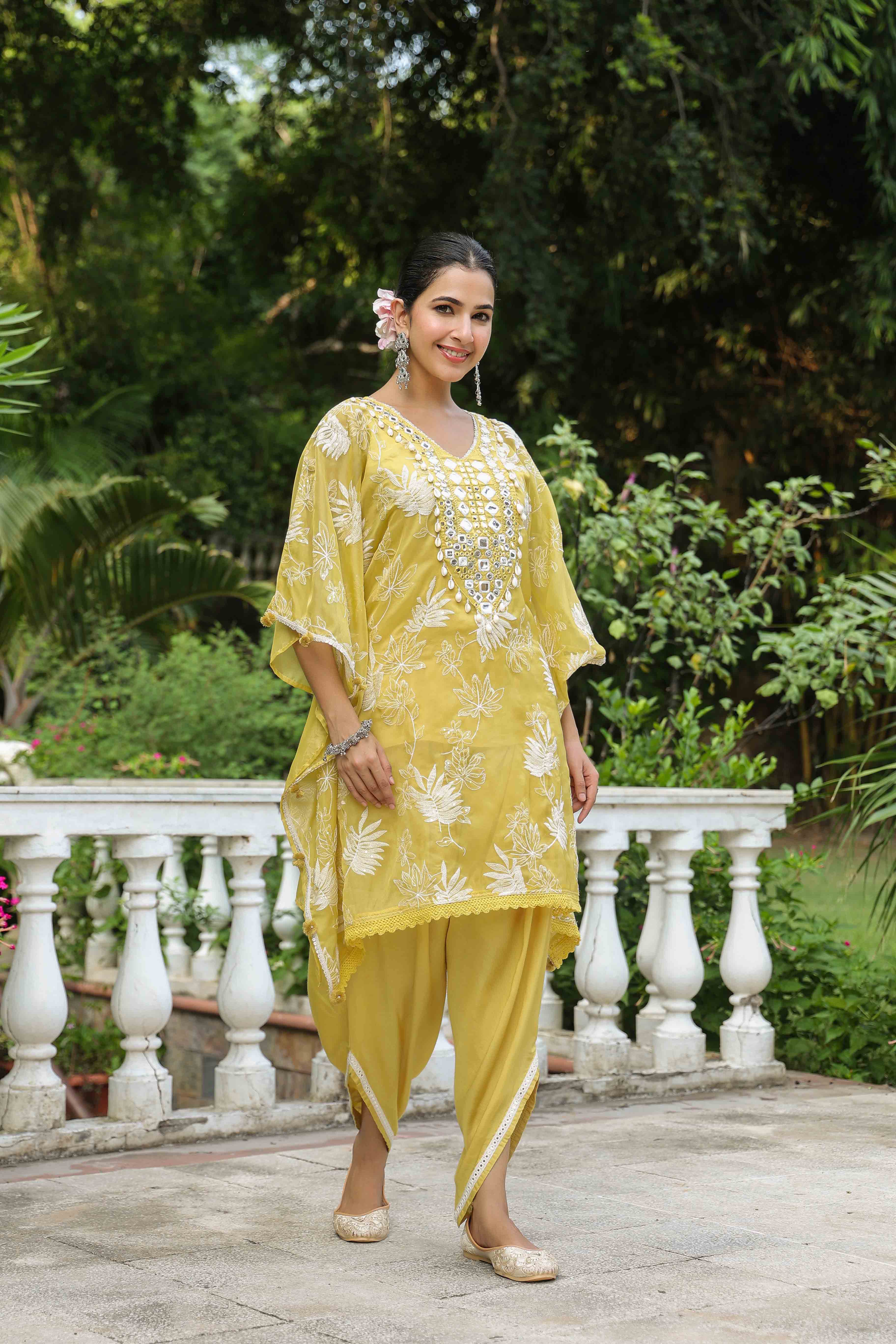Mustard Organza Embroidered Kaftan Set With Potli Bag