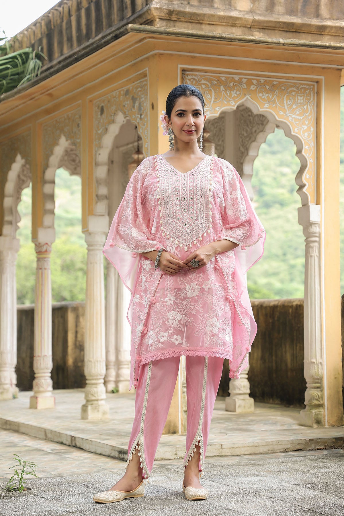Pink Organza Embroidered Kaftan Set With Potli Bag