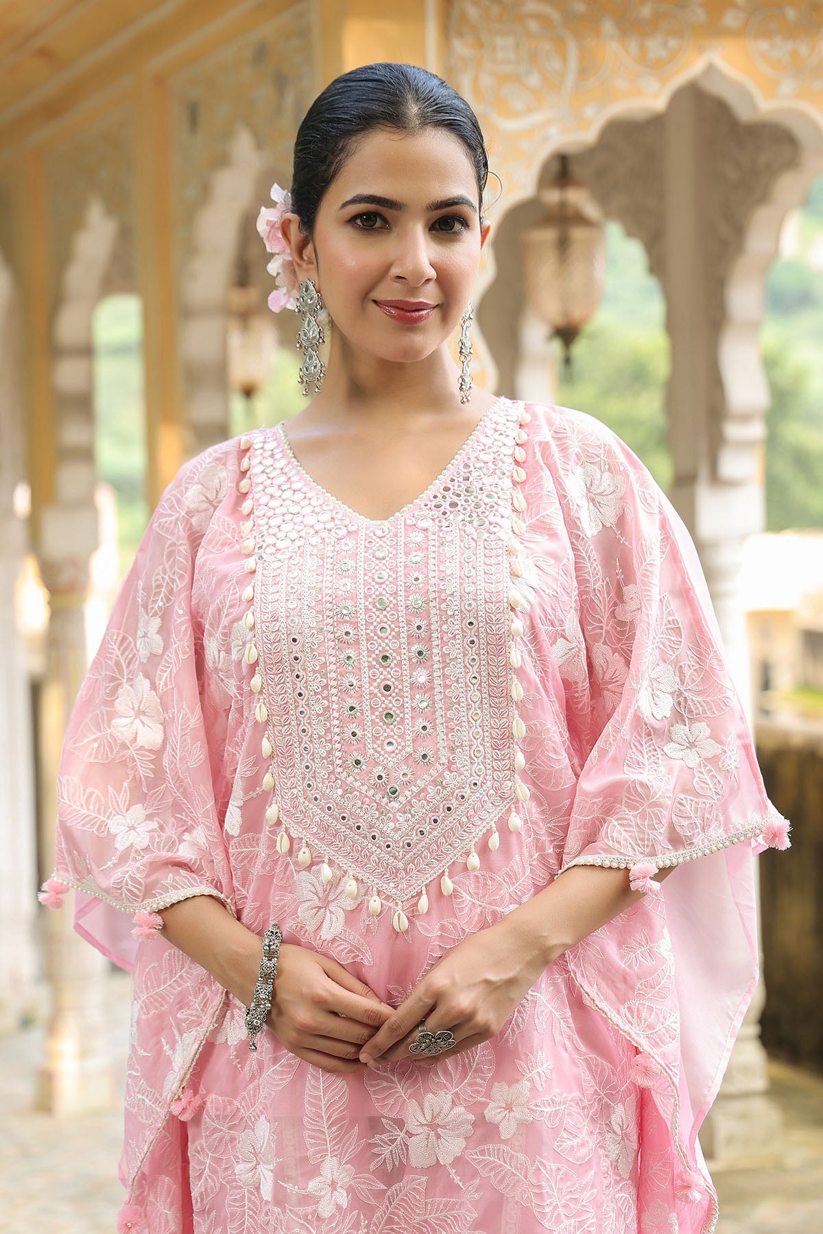 Pink Organza Embroidered Kaftan Set With Potli Bag
