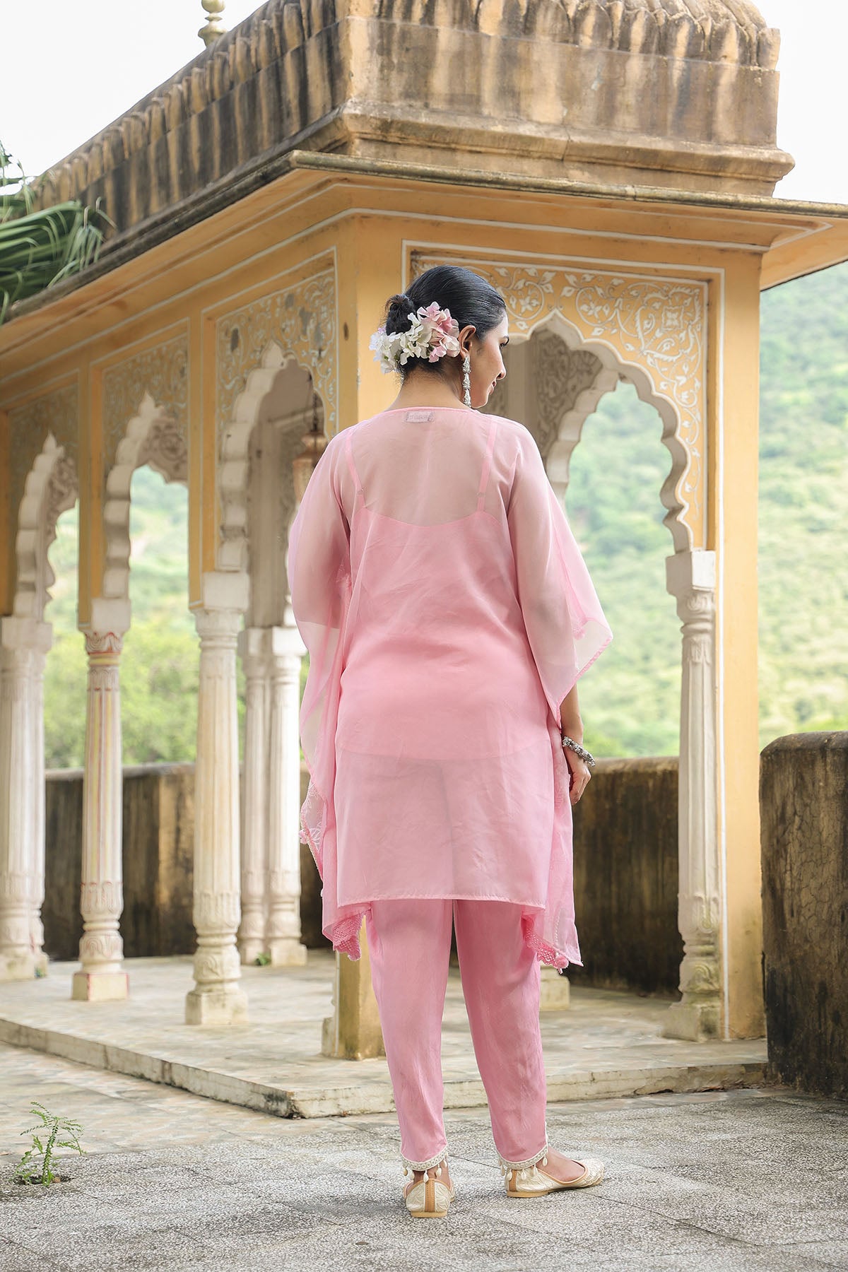 Pink Organza Embroidered Kaftan Set With Potli Bag