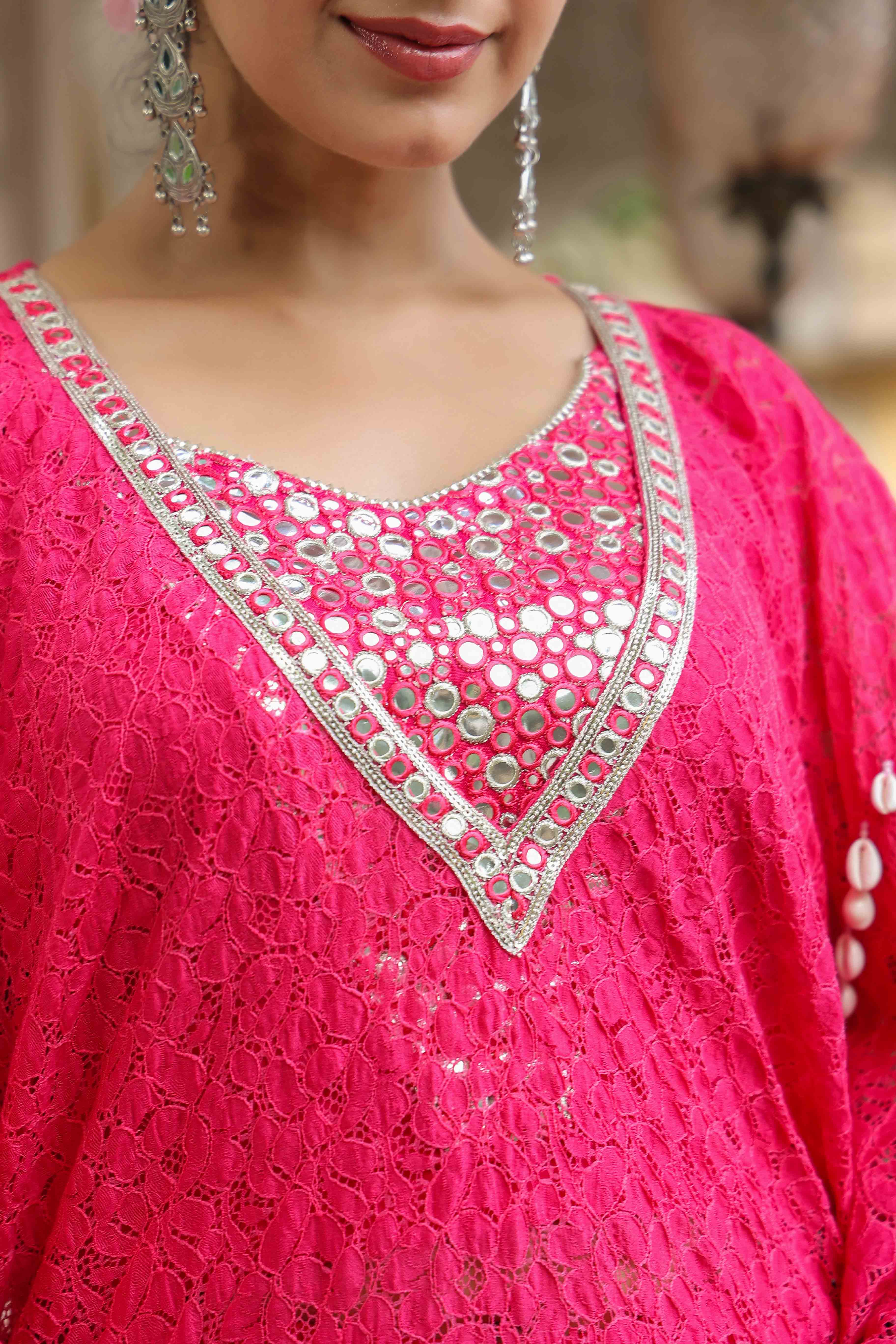 Pink Schiffli Net Kaftan Set