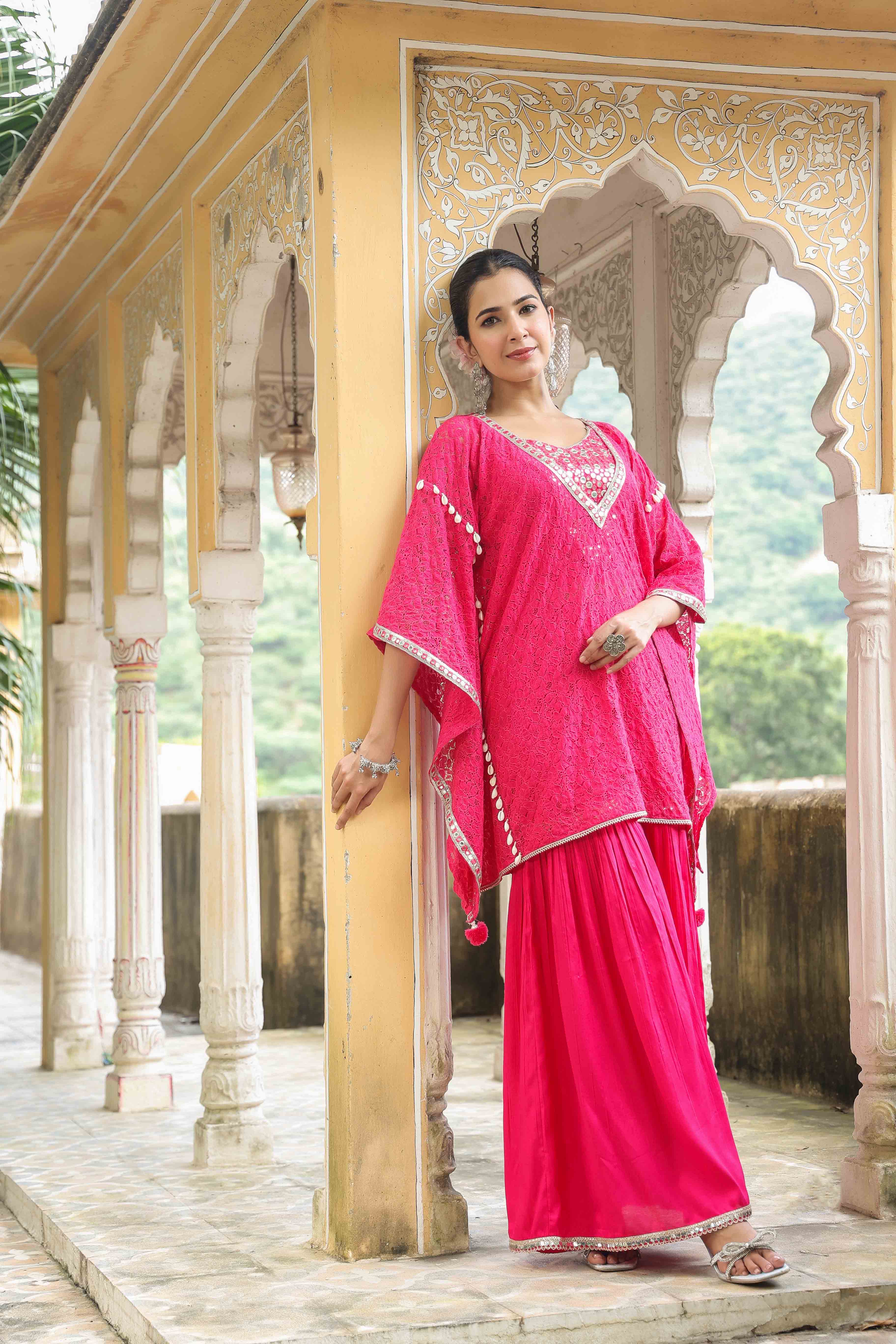 Pink Schiffli Net Kaftan Set