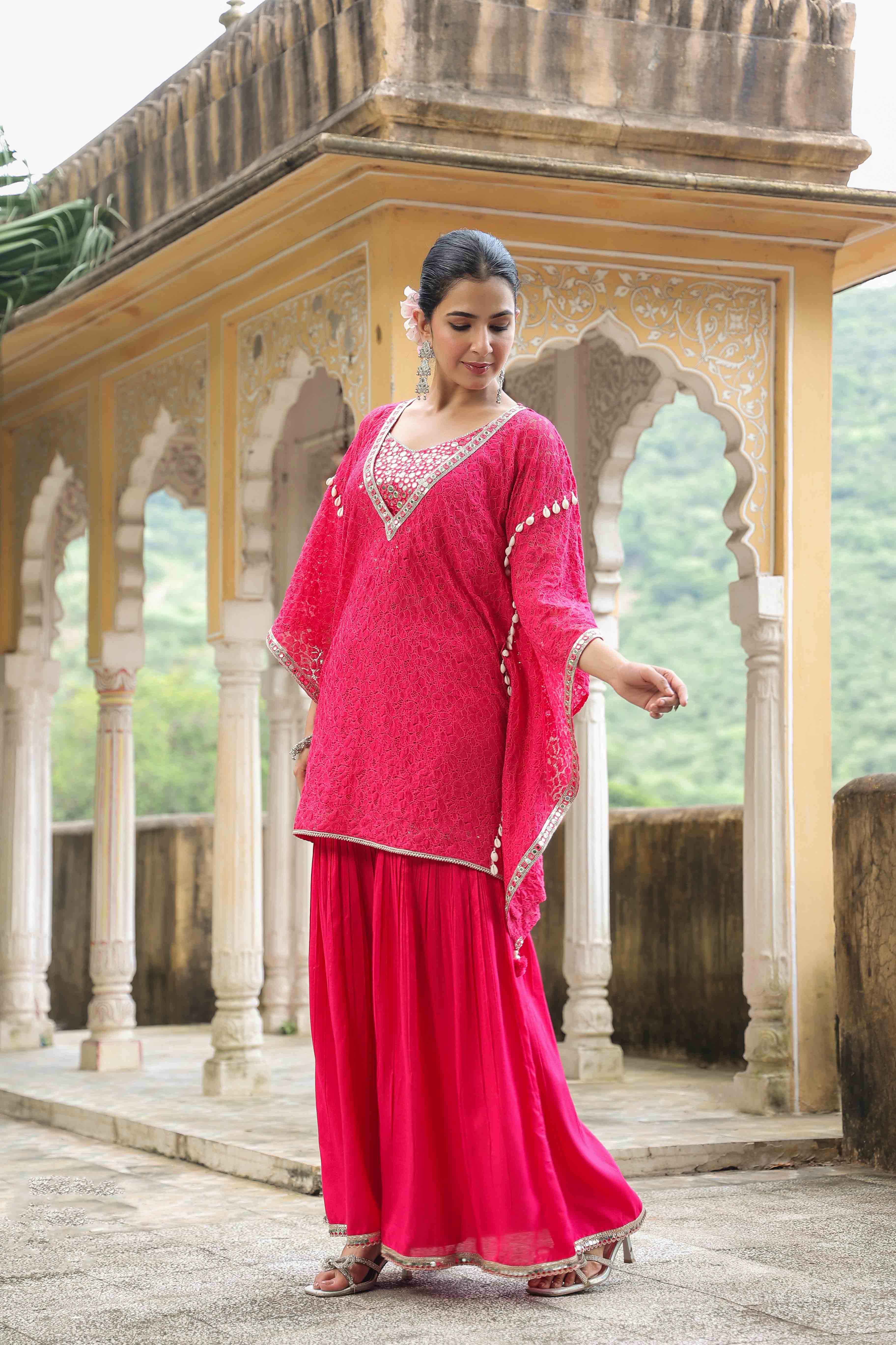 Pink Schiffli Net Kaftan Set