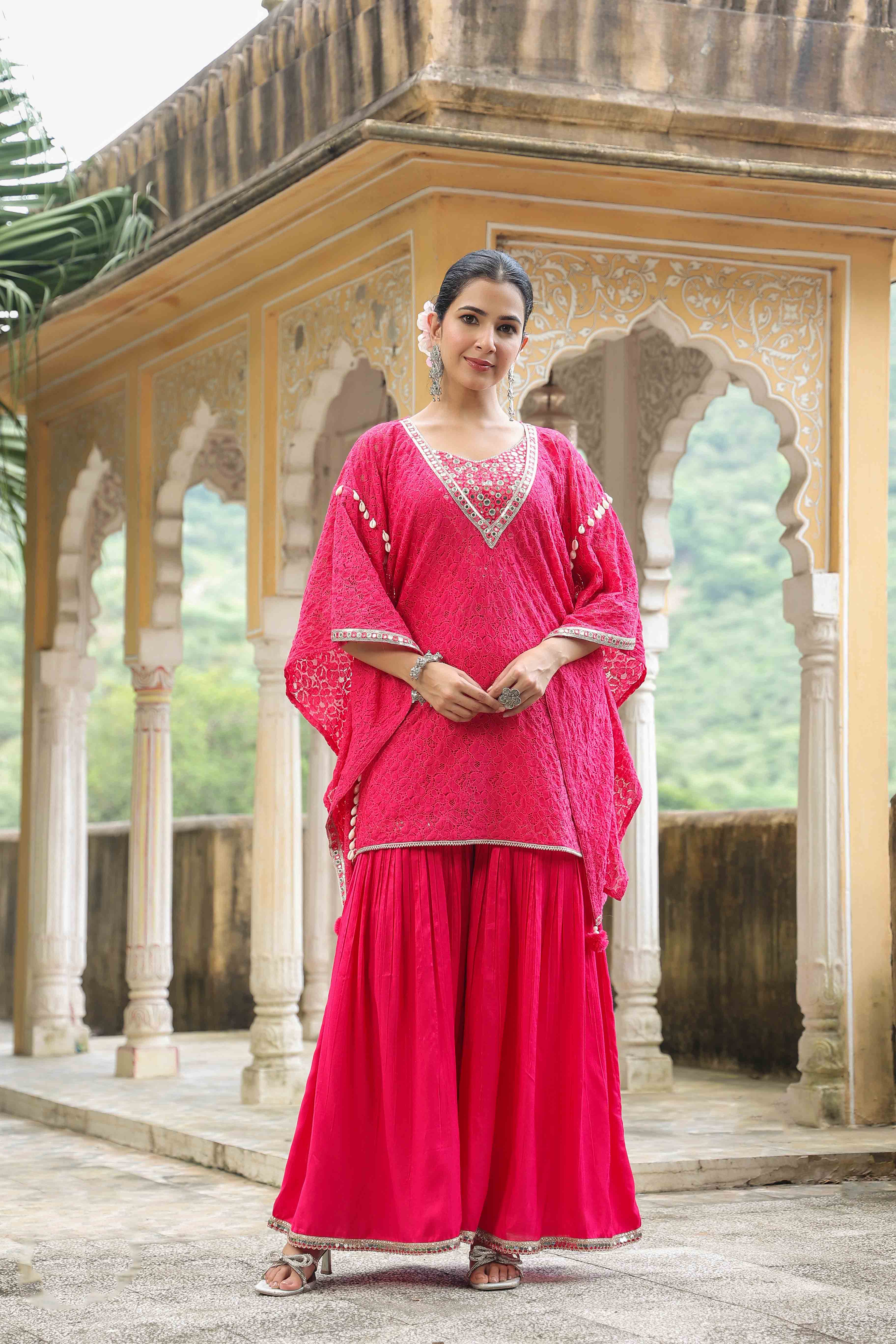 Pink Schiffli Net Kaftan Set