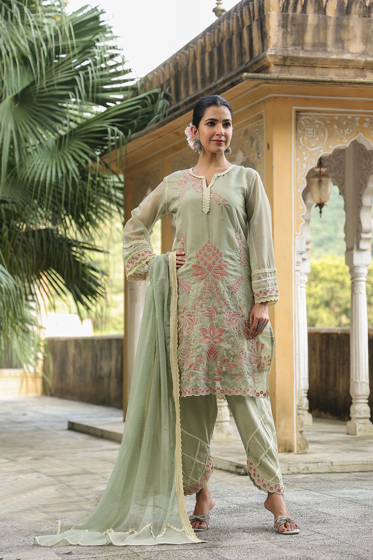 Green Organza Embroidered Straight Suit