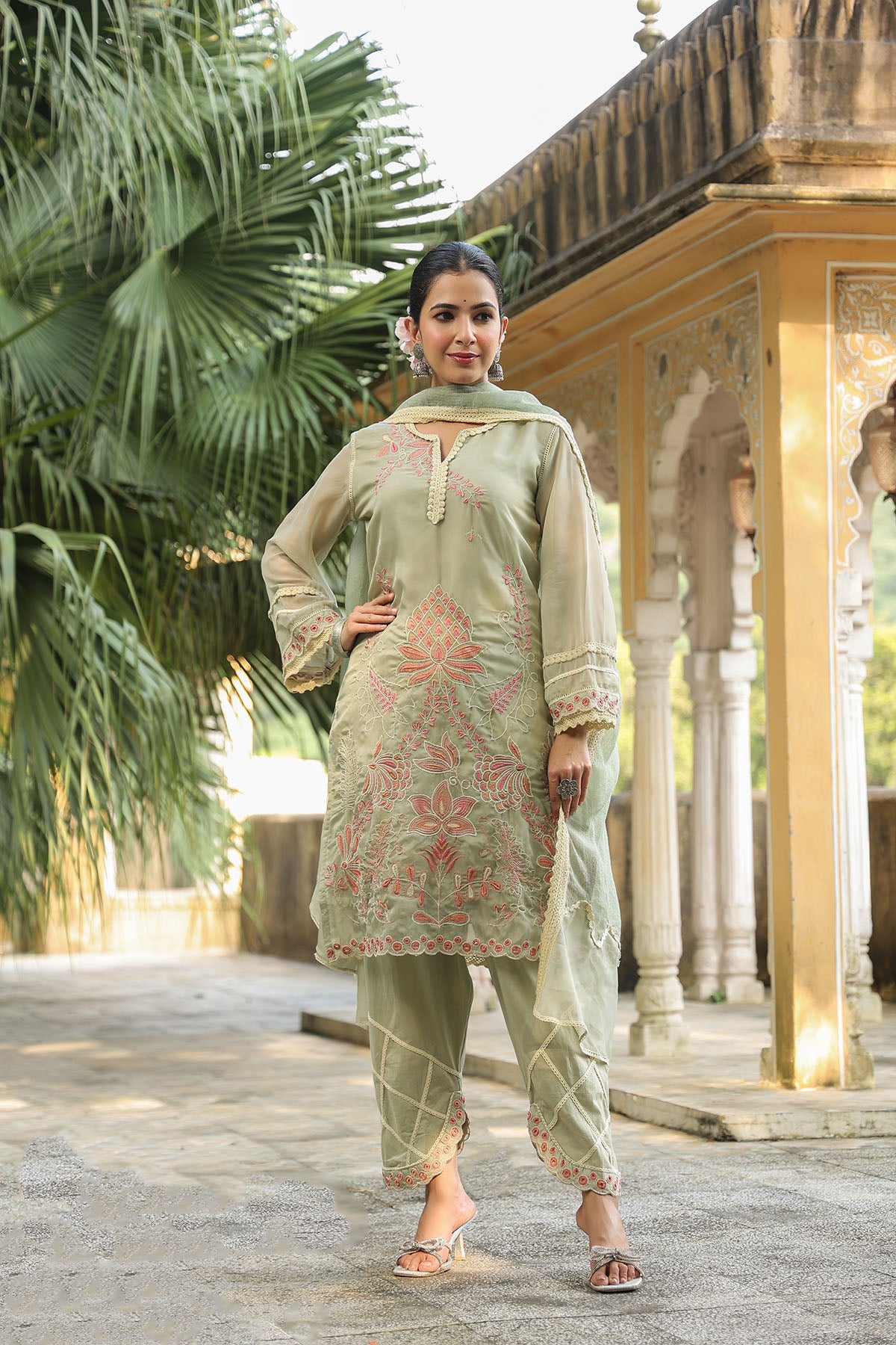 Green Organza Embroidered Straight Suit