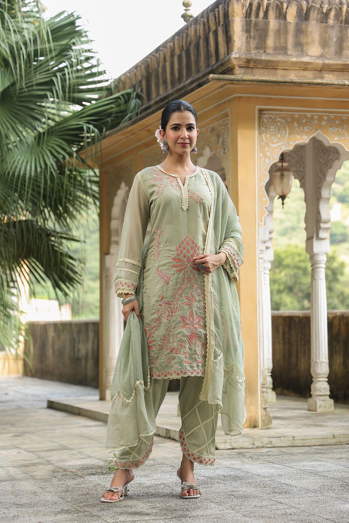 Green Organza Embroidered Straight Suit
