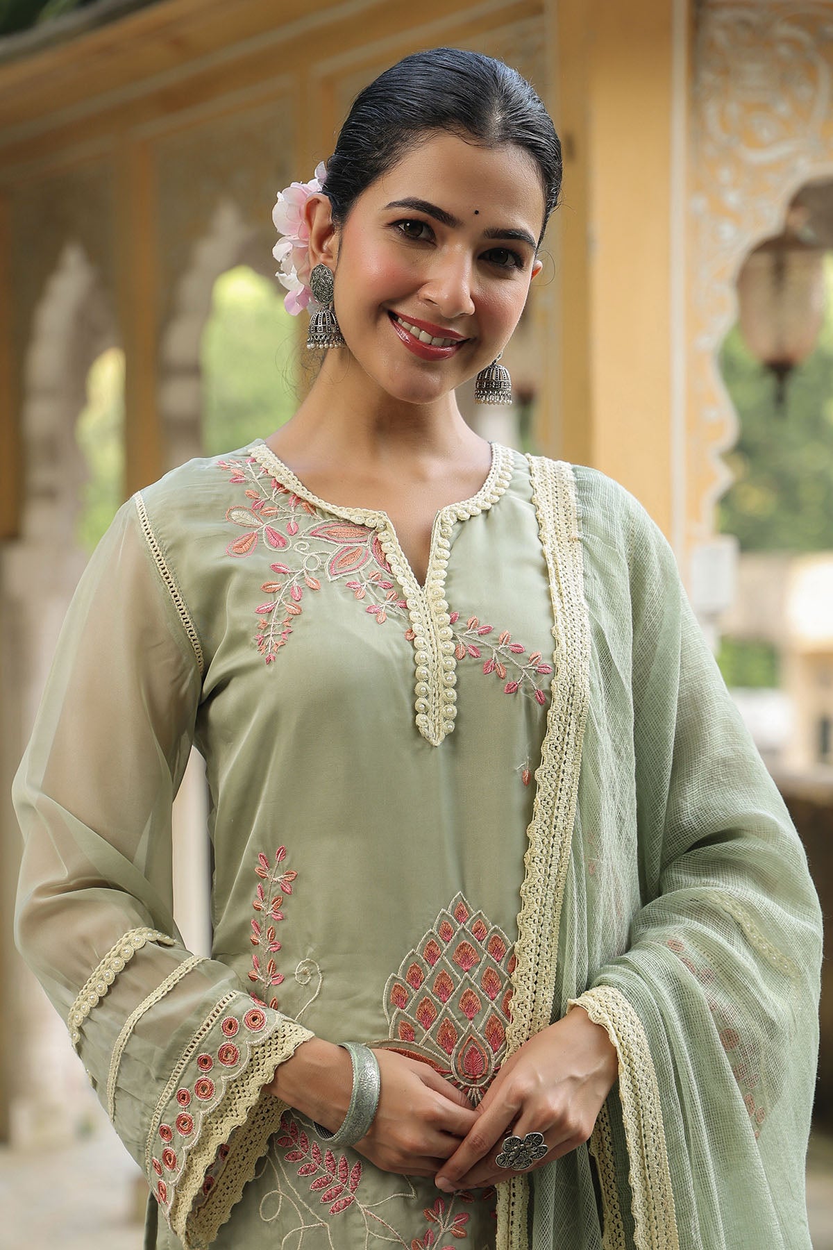 Green Organza Embroidered Straight Suit