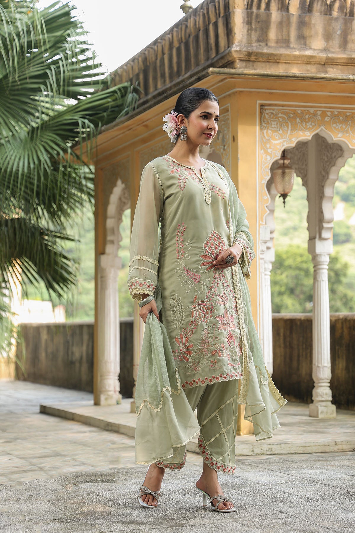 Green Organza Embroidered Straight Suit