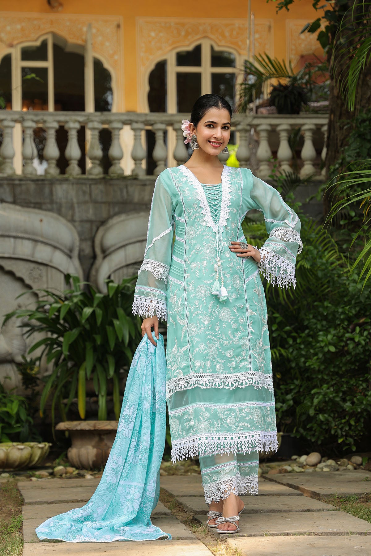 Turquoise Organza Embroidered Straight Suit