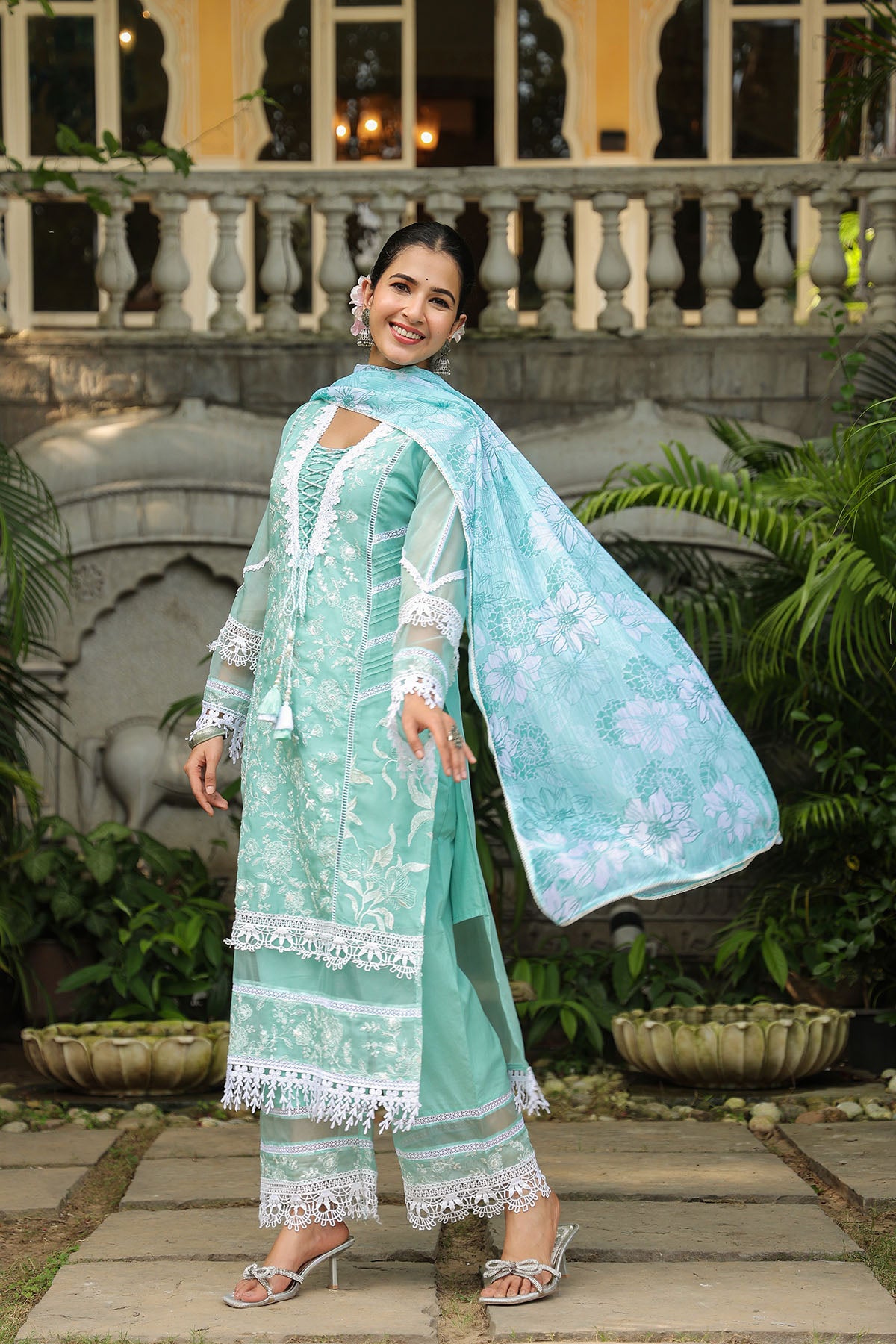 Turquoise Organza Embroidered Straight Suit