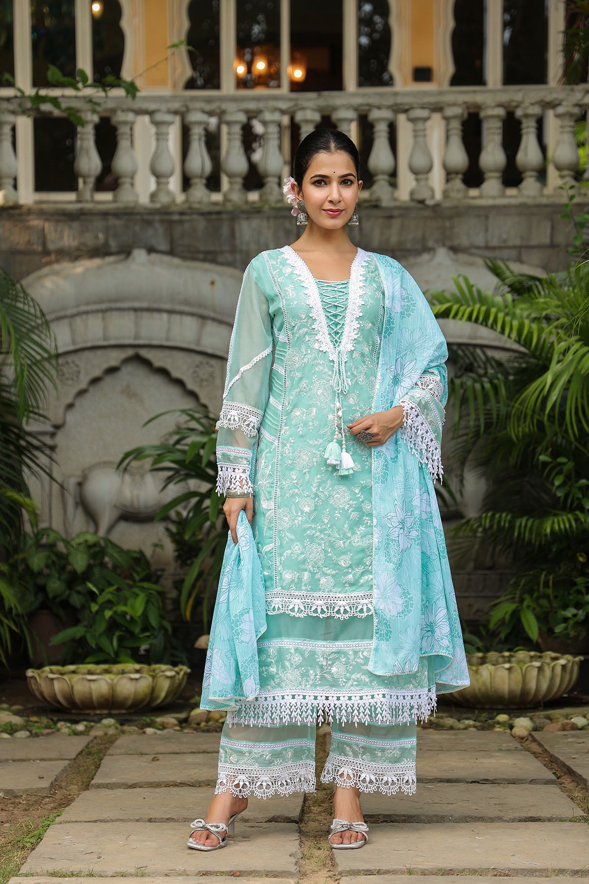 Turquoise Organza Embroidered Straight Suit