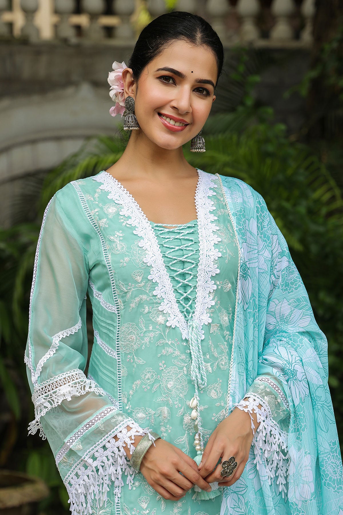 Turquoise Organza Embroidered Straight Suit