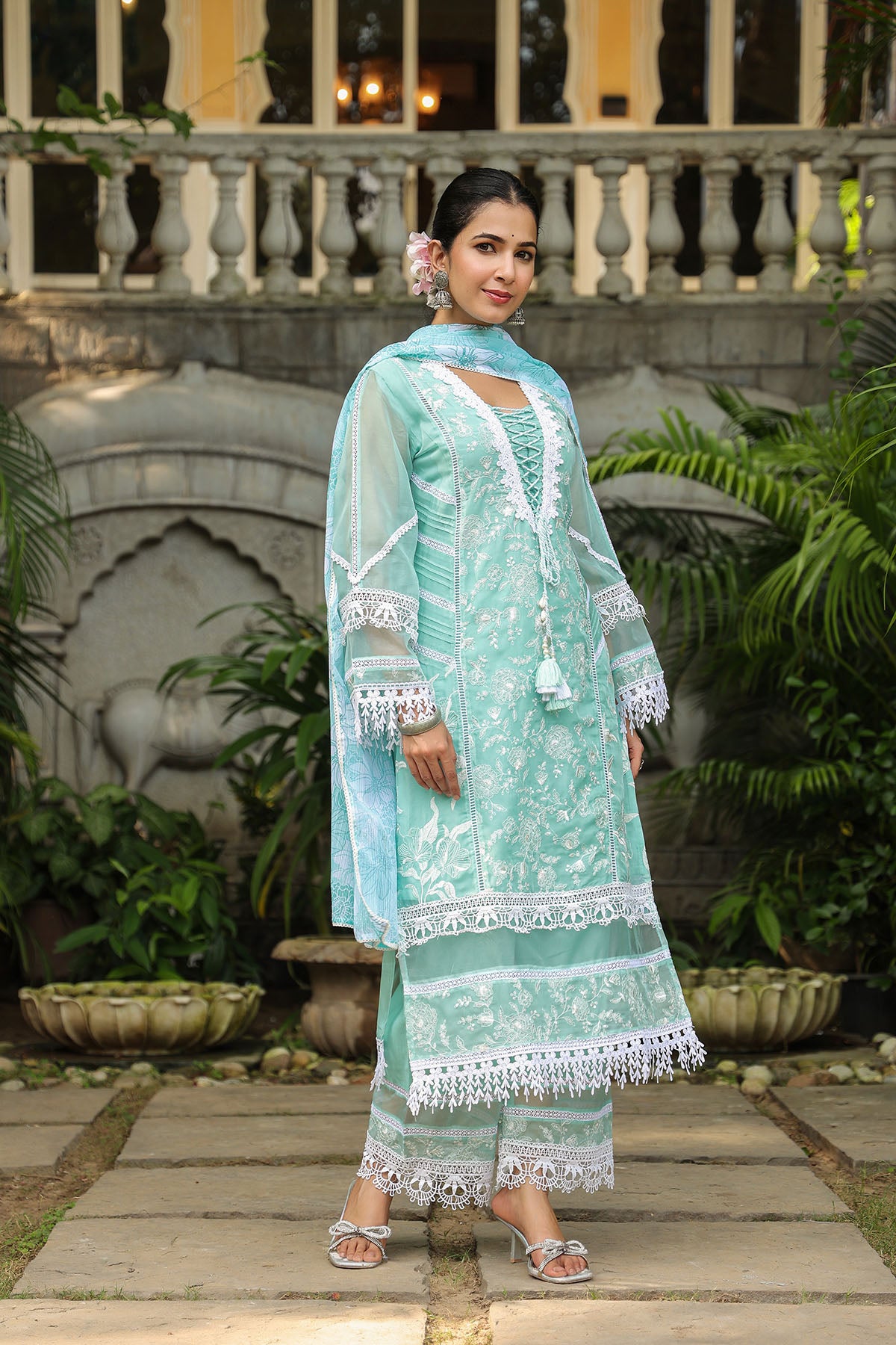 Turquoise Organza Embroidered Straight Suit