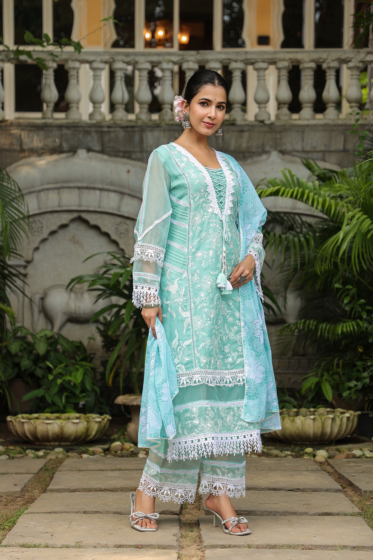 Turquoise Organza Embroidered Straight Suit