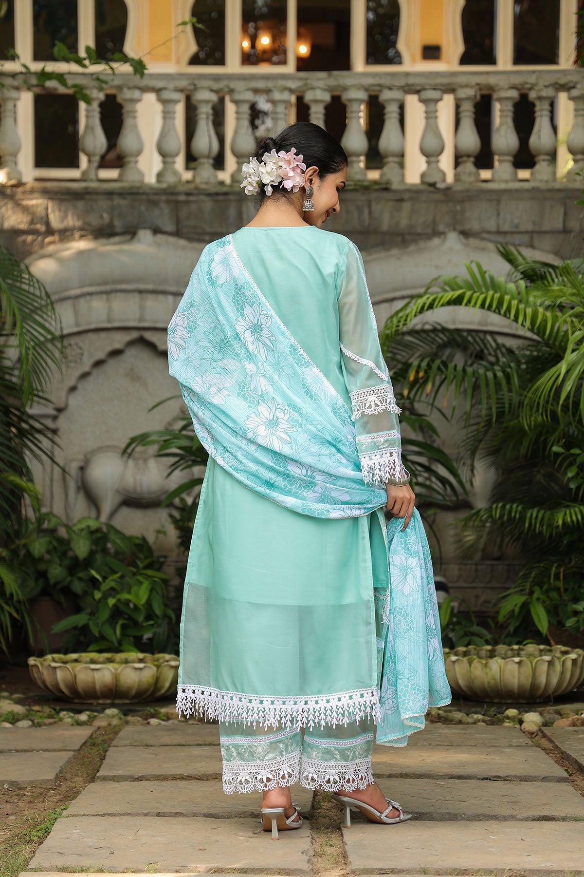 Turquoise Organza Embroidered Straight Suit