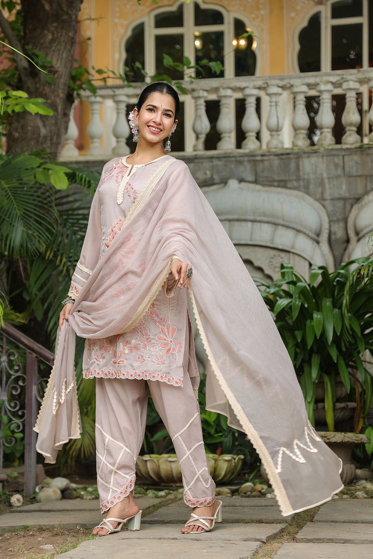 Brown Organza Embroidered Straight Suit