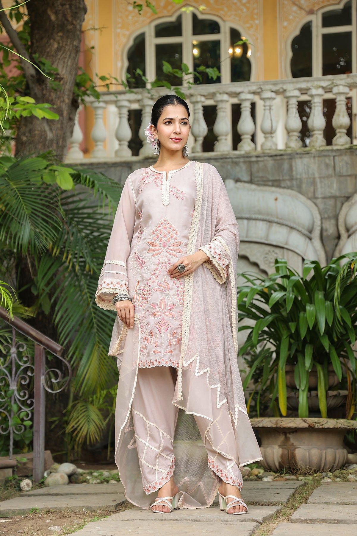 Brown Organza Embroidered Straight Suit