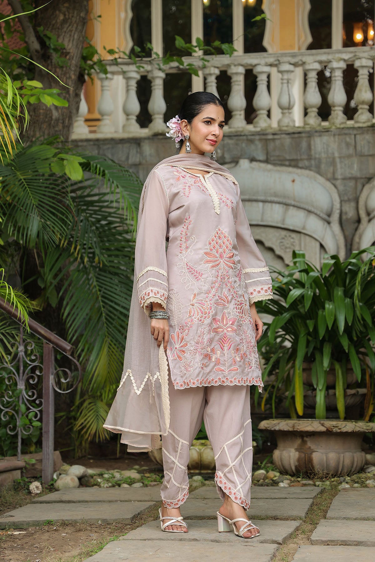 Brown Organza Embroidered Straight Suit