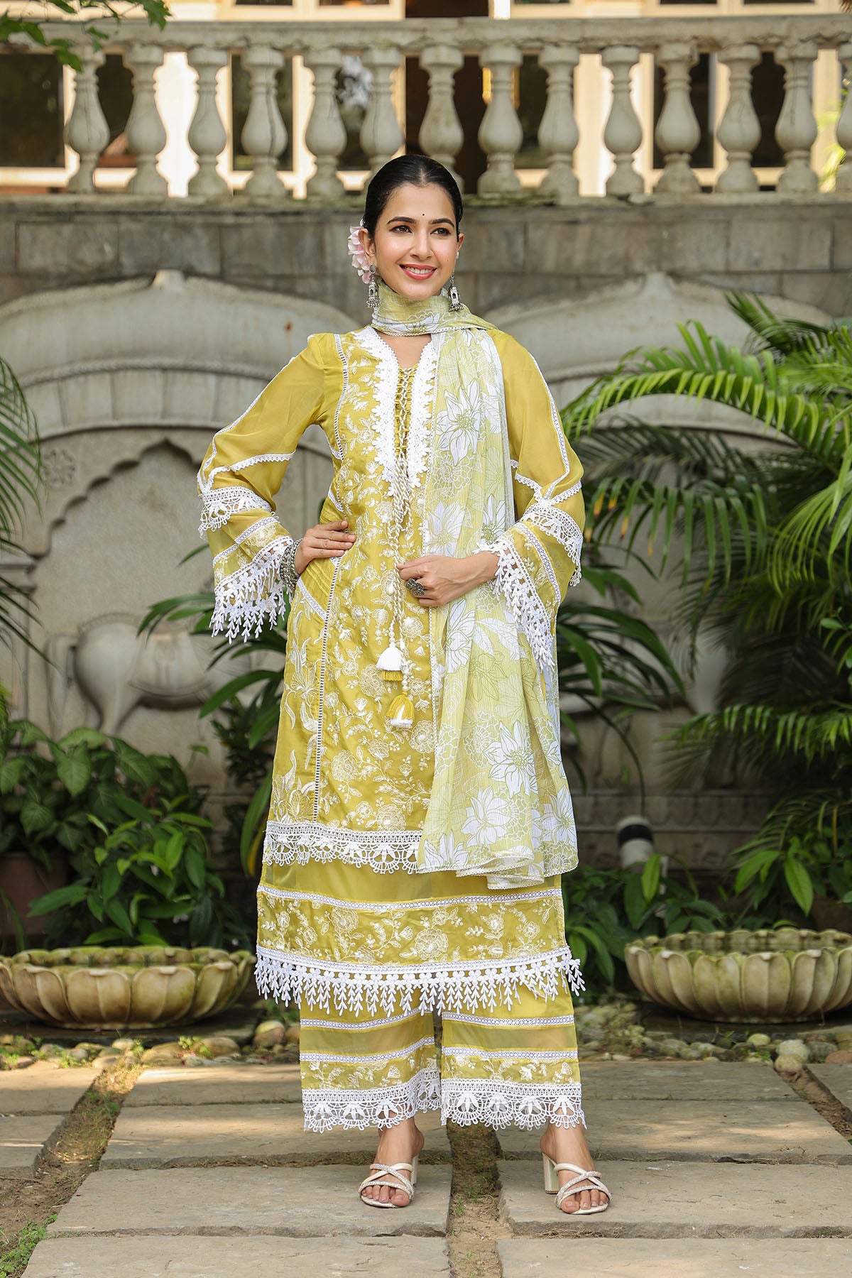 Yellow Organza Embroidered Straight Suit