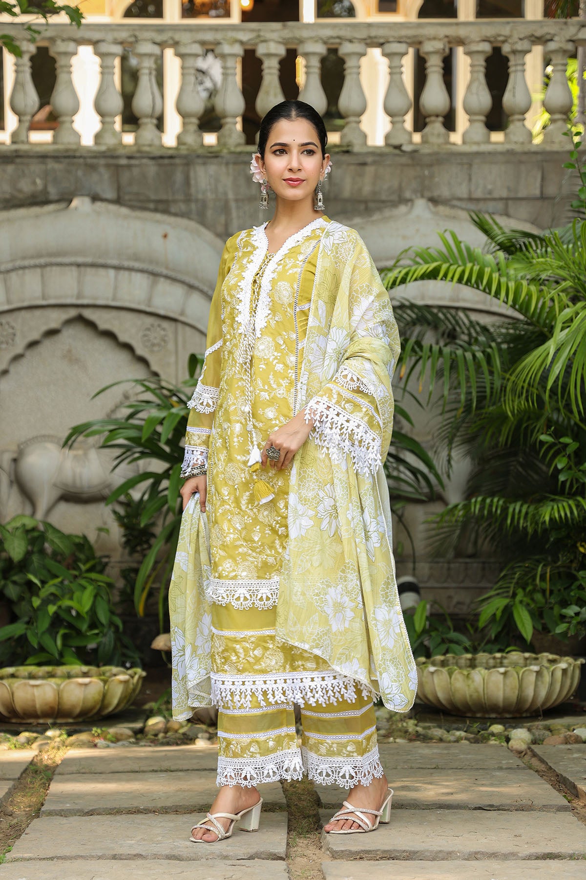 Yellow Organza Embroidered Straight Suit