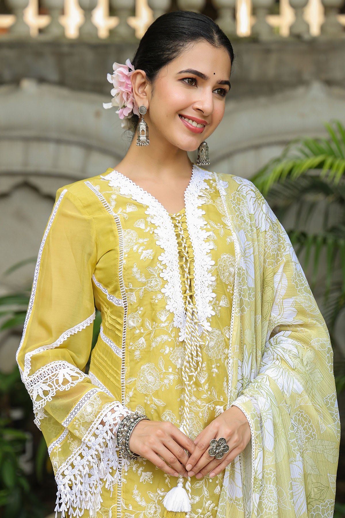 Yellow Organza Embroidered Straight Suit