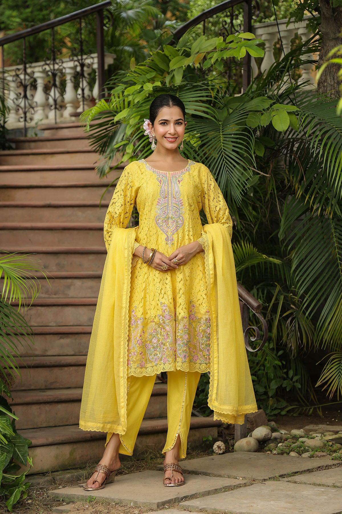 Yellow Schiffli Net Embroidered Anarkali Suit