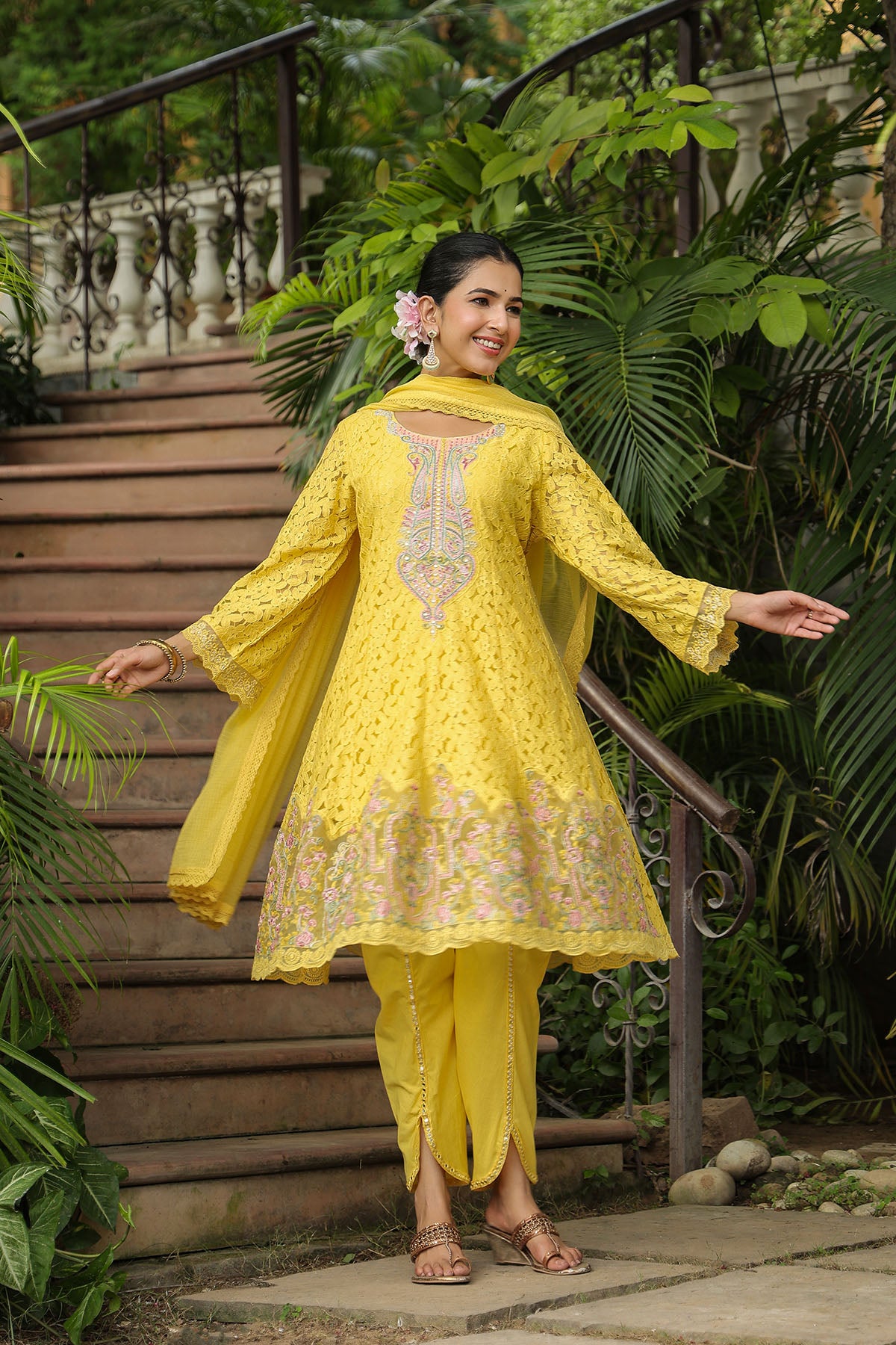 Yellow Schiffli Net Embroidered Anarkali Suit