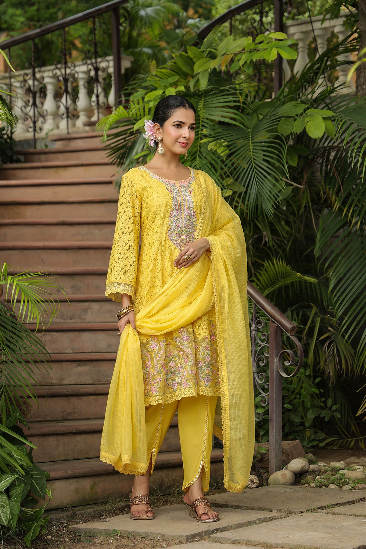 Yellow Schiffli Net Embroidered Anarkali Suit