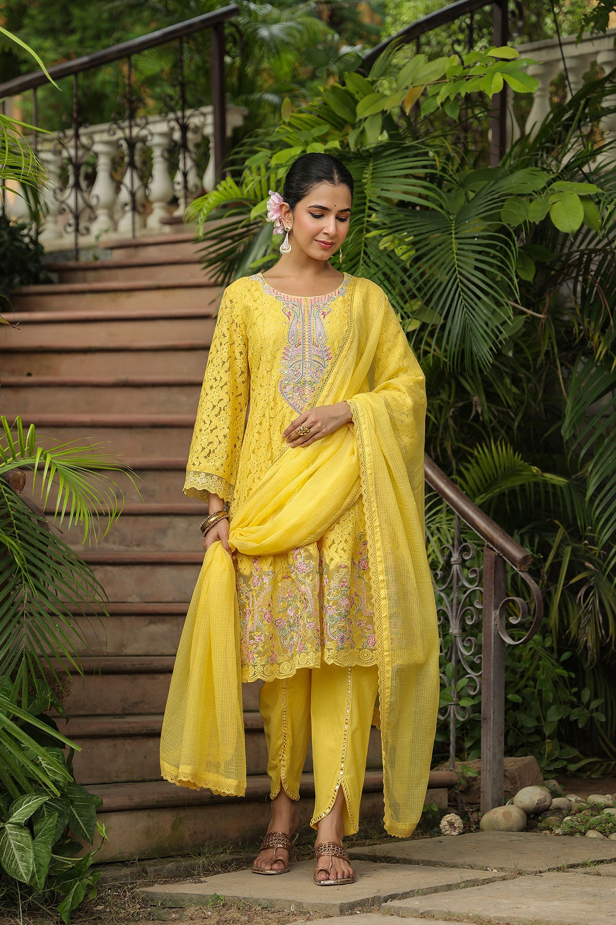 Yellow Schiffli Net Embroidered Anarkali Suit