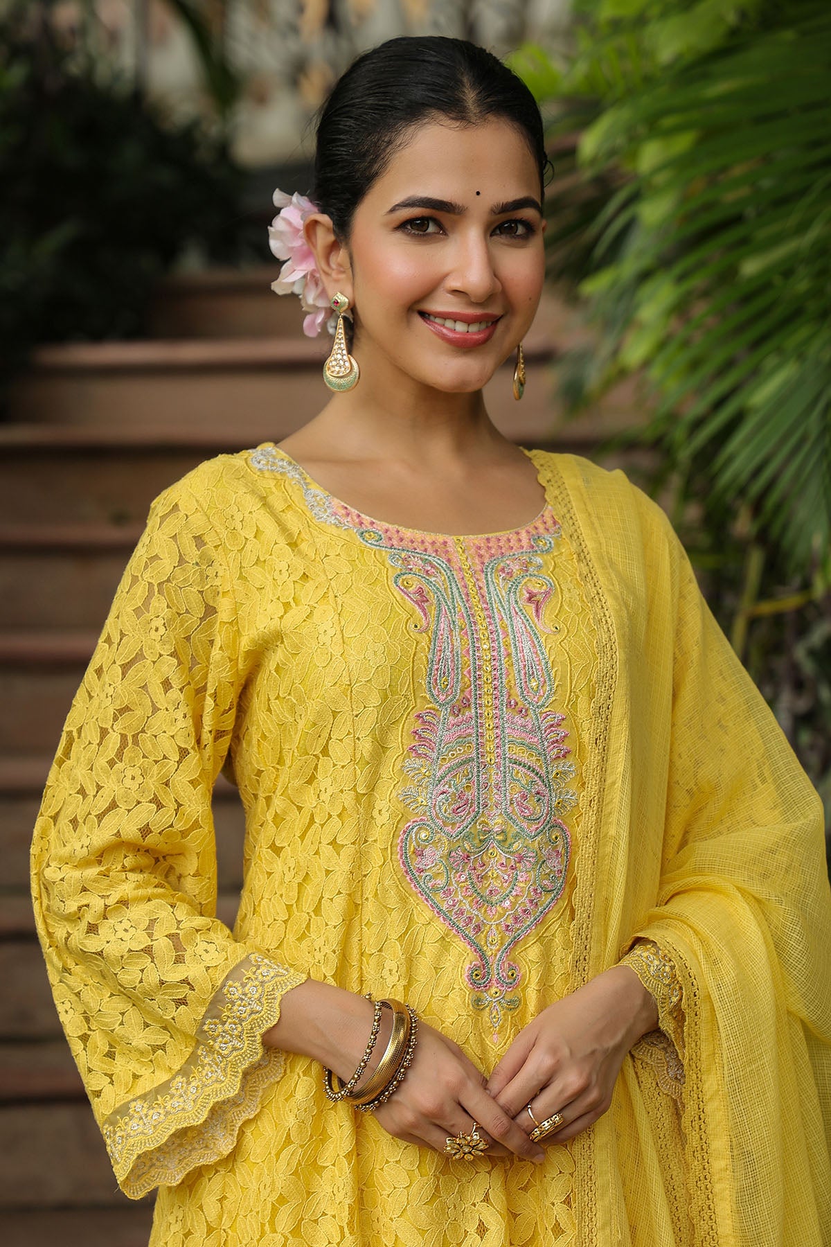 Yellow Schiffli Net Embroidered Anarkali Suit