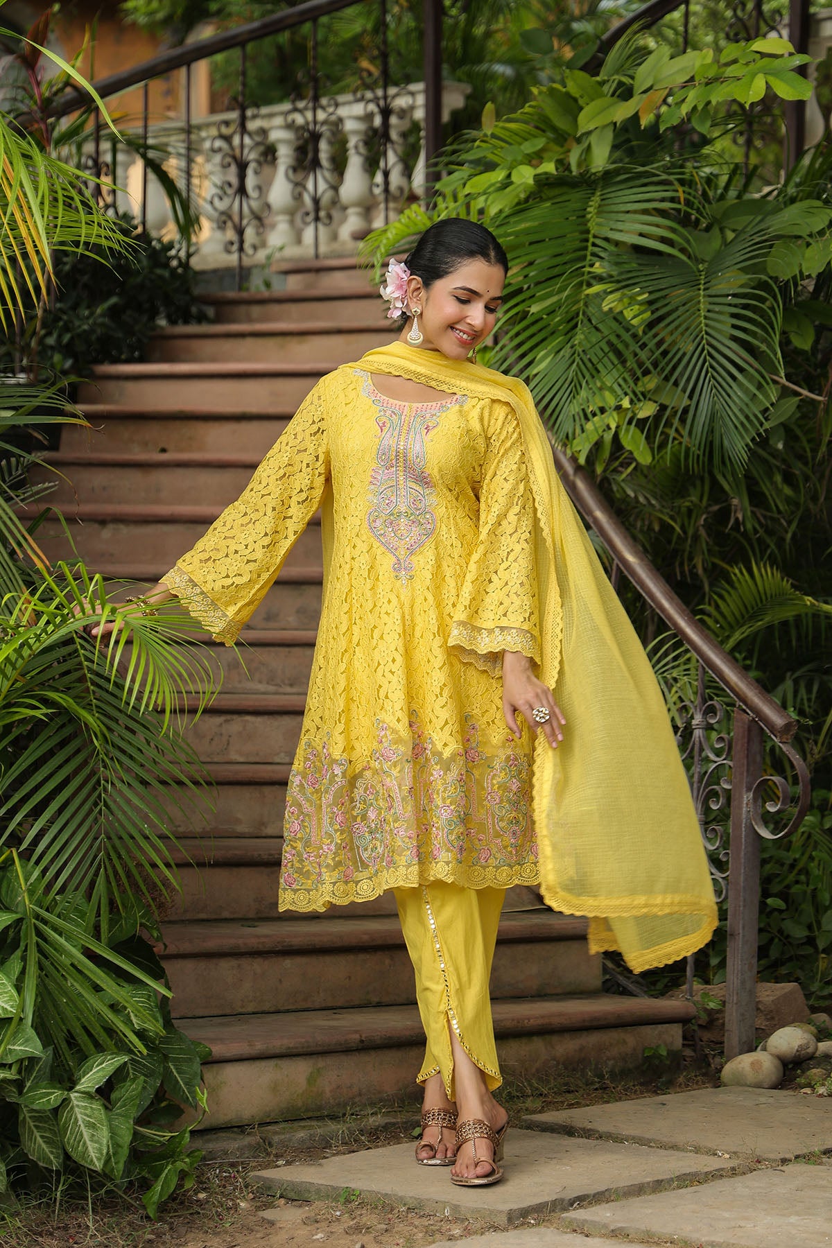 Yellow Schiffli Net Embroidered Anarkali Suit