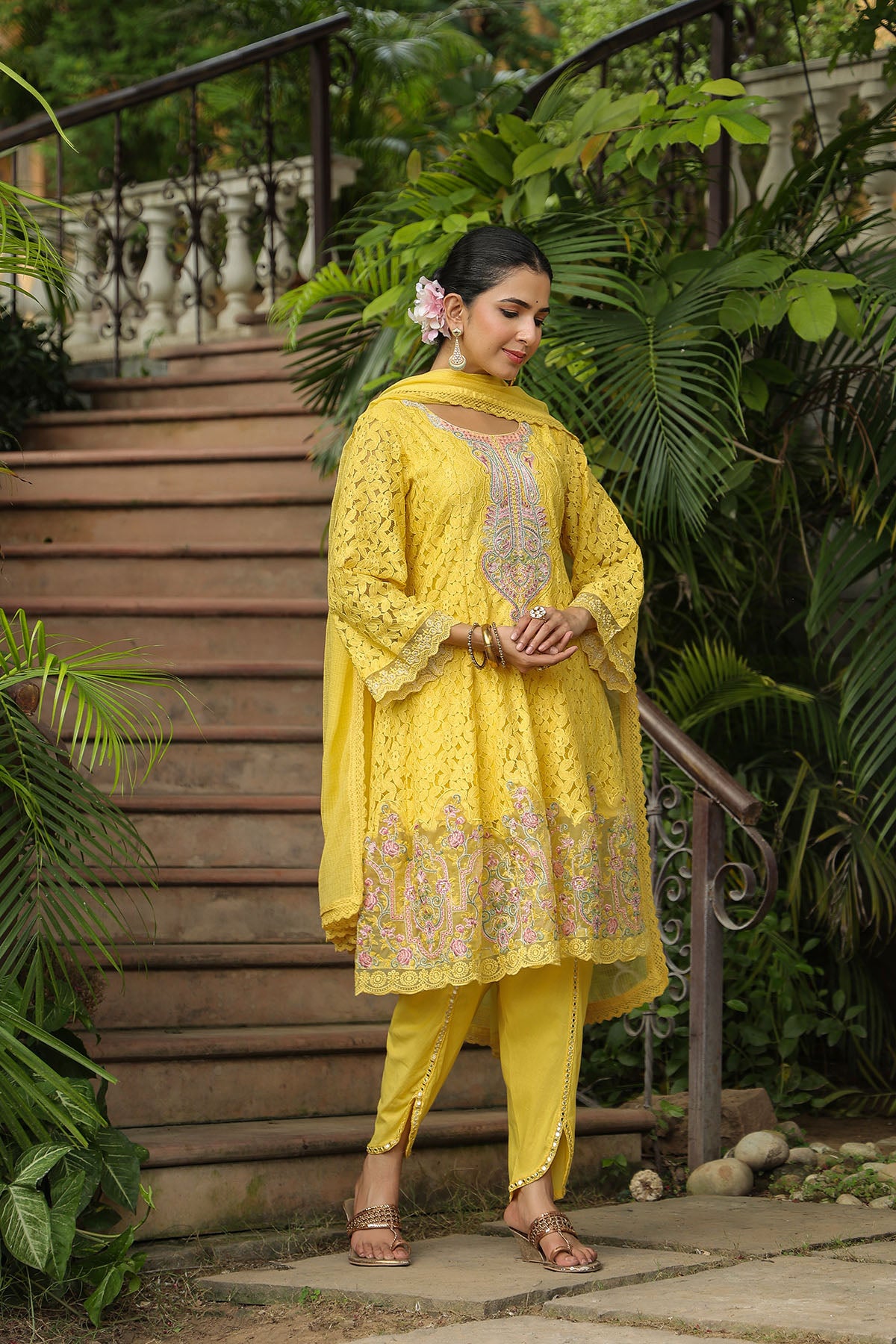 Yellow Schiffli Net Embroidered Anarkali Suit
